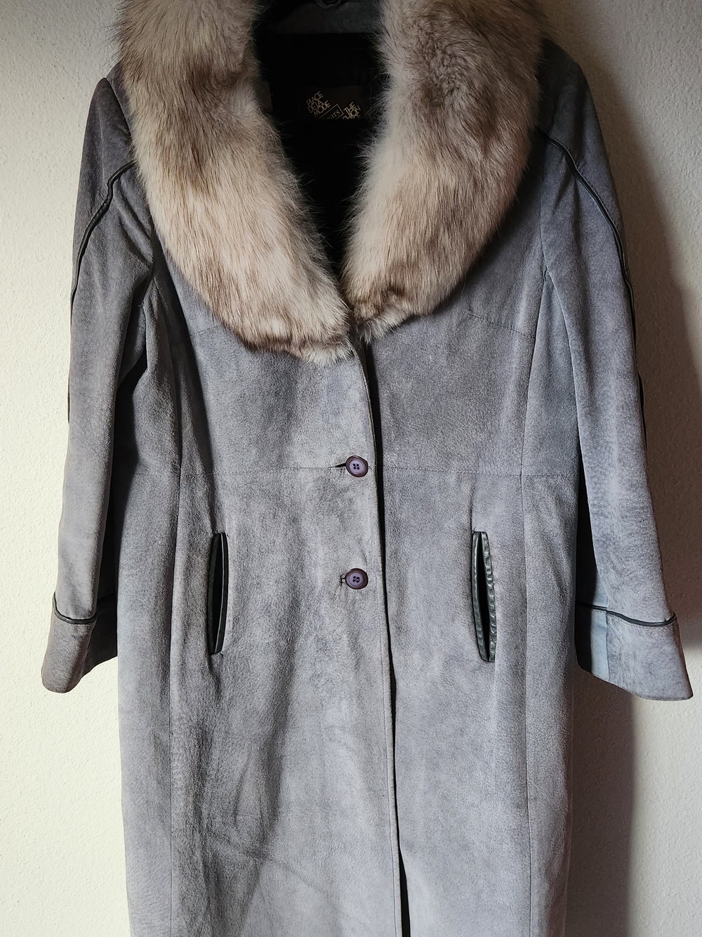Womens Grey Suede Coat with Fur Collar